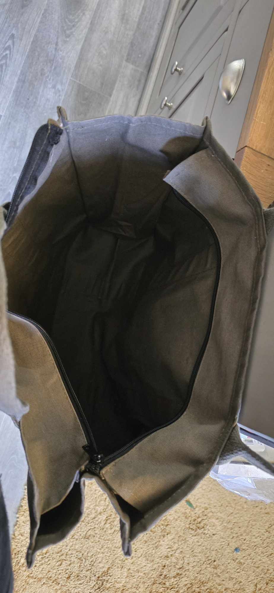 Khaki Green Canvas Tote Bag with zip
